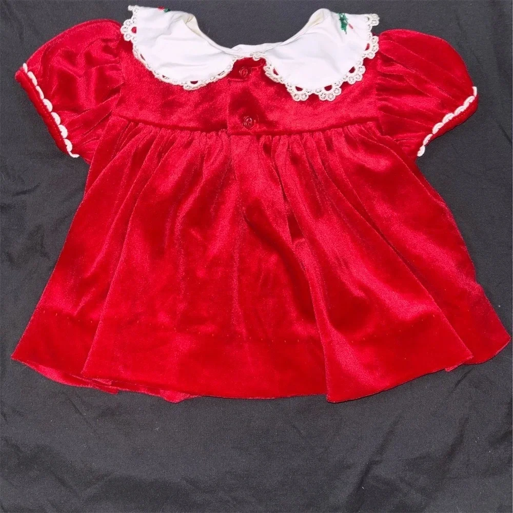 Vintage Baby Girl Christmas Dress Red Holly Embroidery 12M velvet Union Made USA